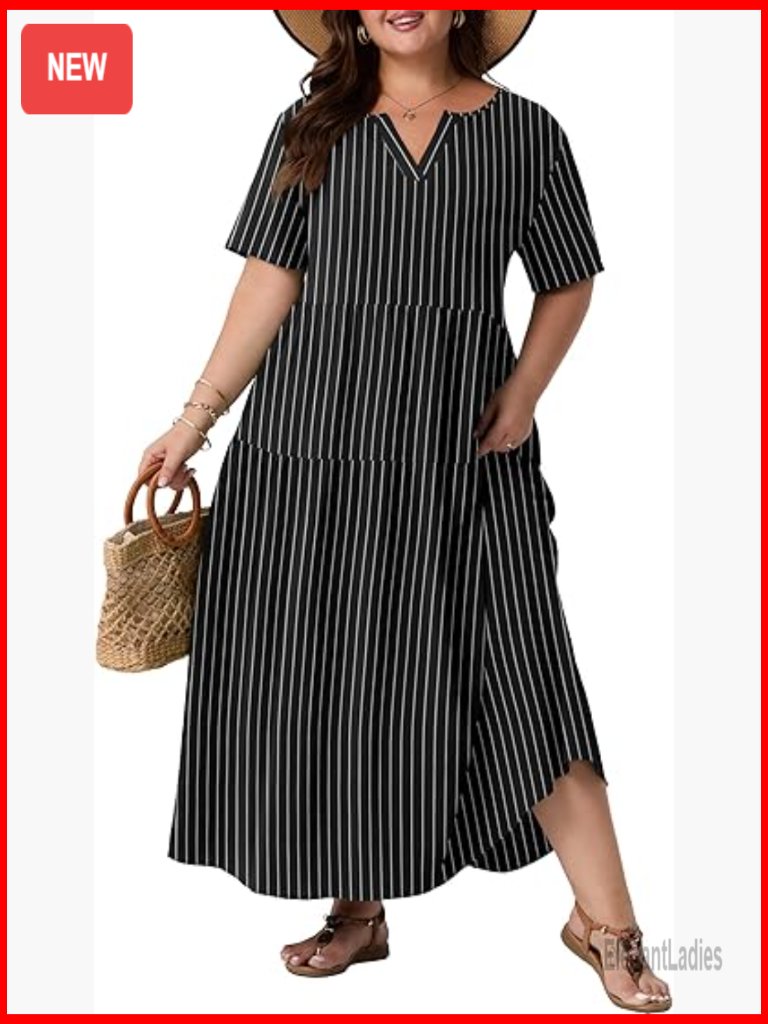 Plus Size Flowy Boho Maxi Dress With Pockets V-Neck Short Sleeve